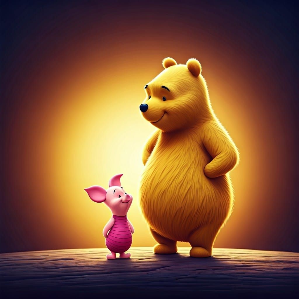 Surreal Piglet and Pooh Bear Role-Reversal Concept Art