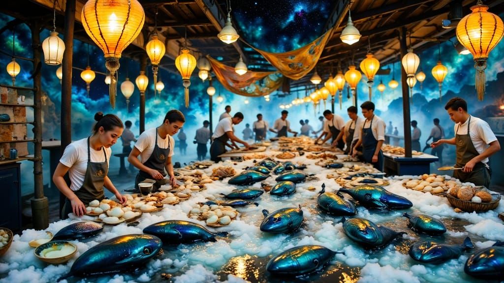 A bustling seafood market at 3am              I
