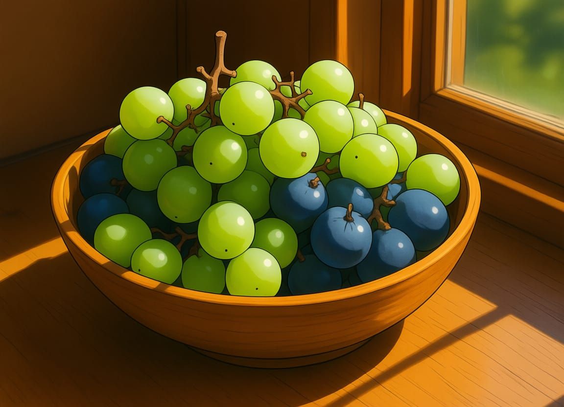 Green and Blue Grapes in a Wooden Bowl