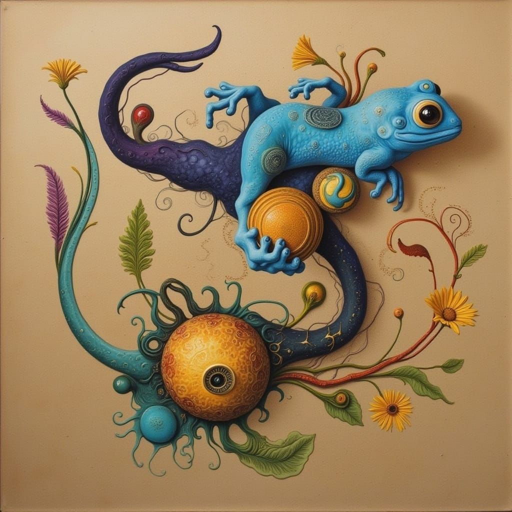 <lora:CICADA SONG:1.0> <lora:Marble Intensity:1.0> <lora:toulouse-Lautrec:1.0> <lora:STRANGE WORLD:1.0> Dew drop geckos