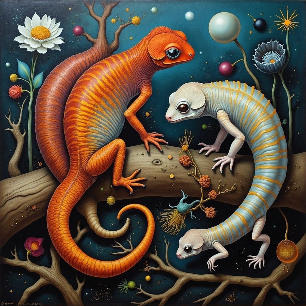 <lora:CICADA SONG:1.0> <lora:Marble Intensity:1.0> <lora:toulouse-Lautrec:1.0> <lora:STRANGE WORLD:1.0> Dew drop geckos