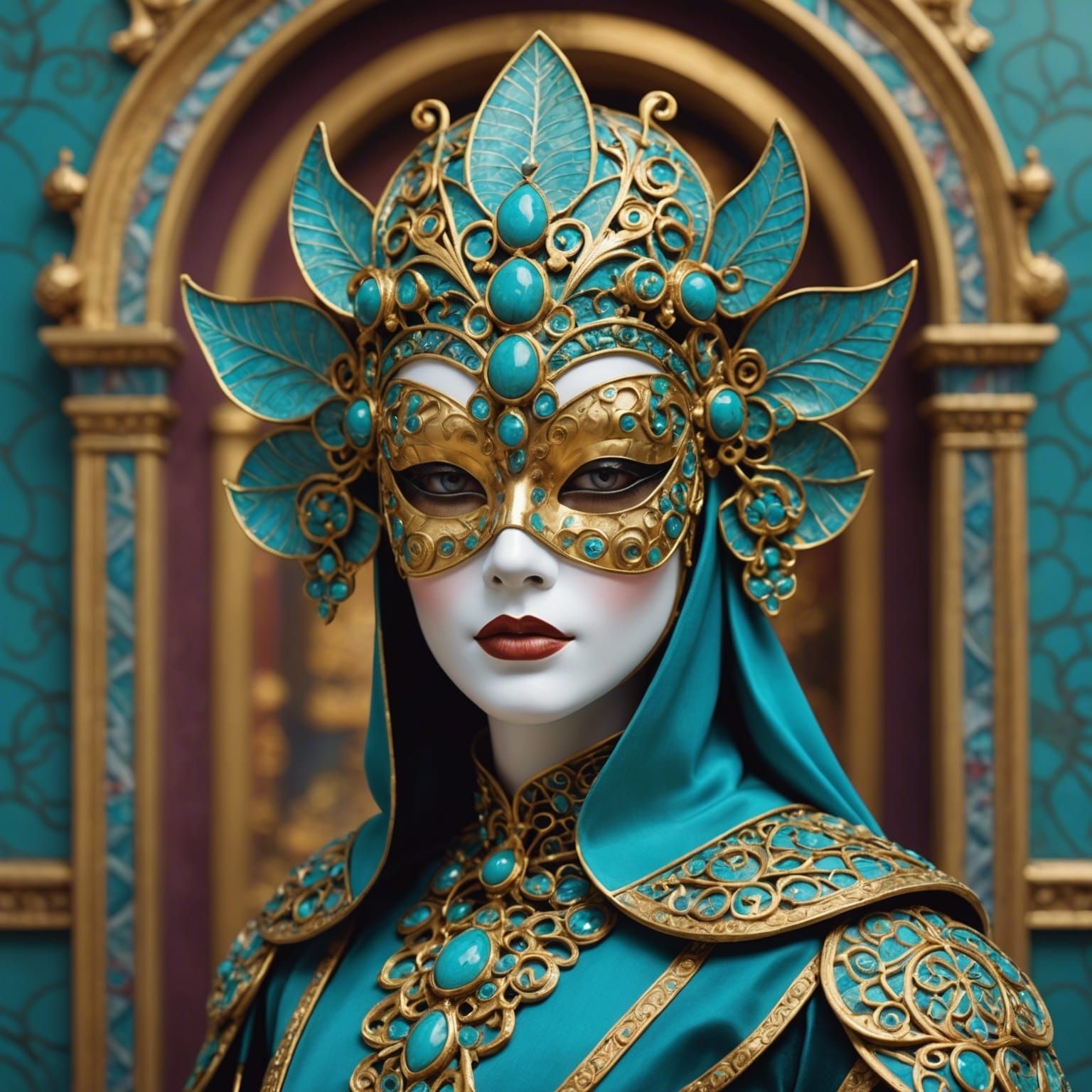 Masked Woman in Cloisonnist Venice Scene