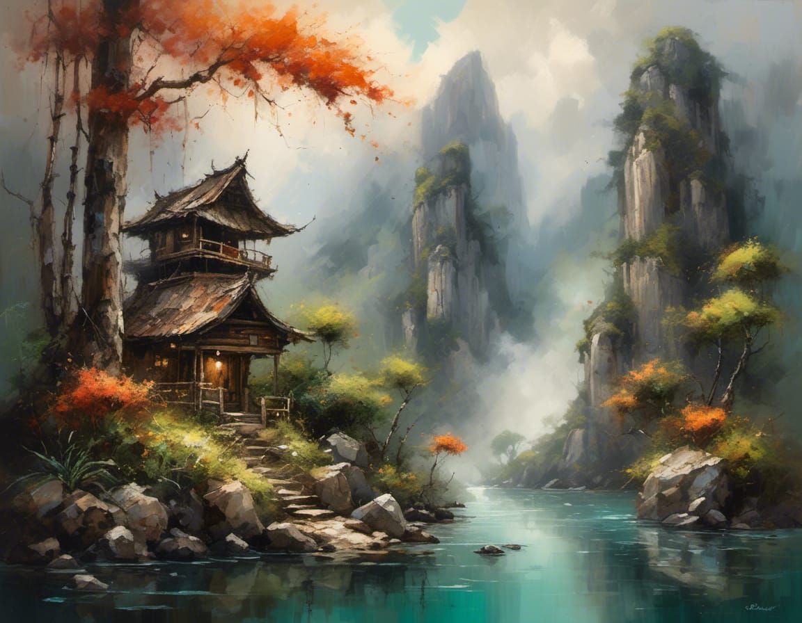 Japanese Landscape with Shrine in Impasto Oil Painting