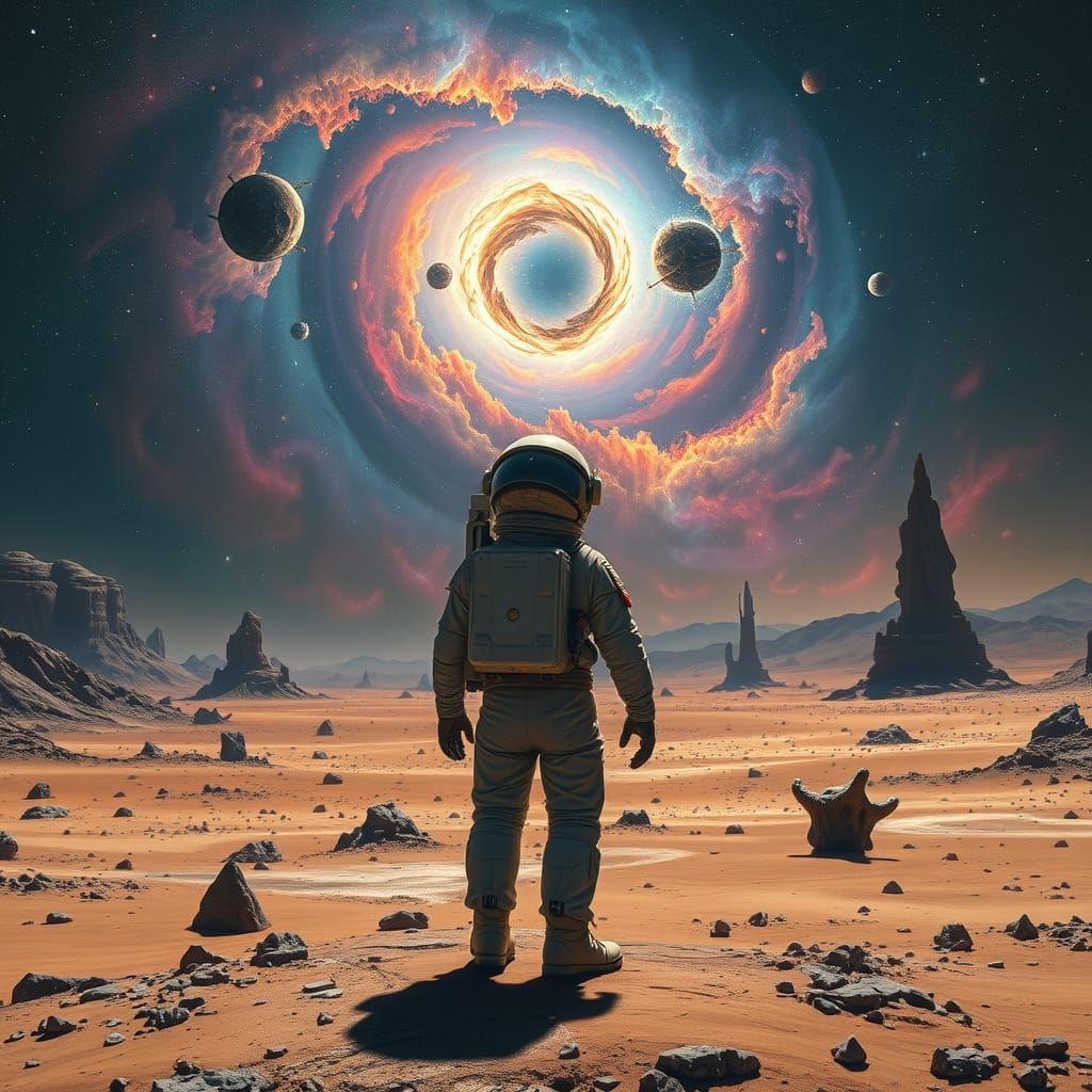 Astronaut Contemplates Cosmic Beauty on Barren Alien World