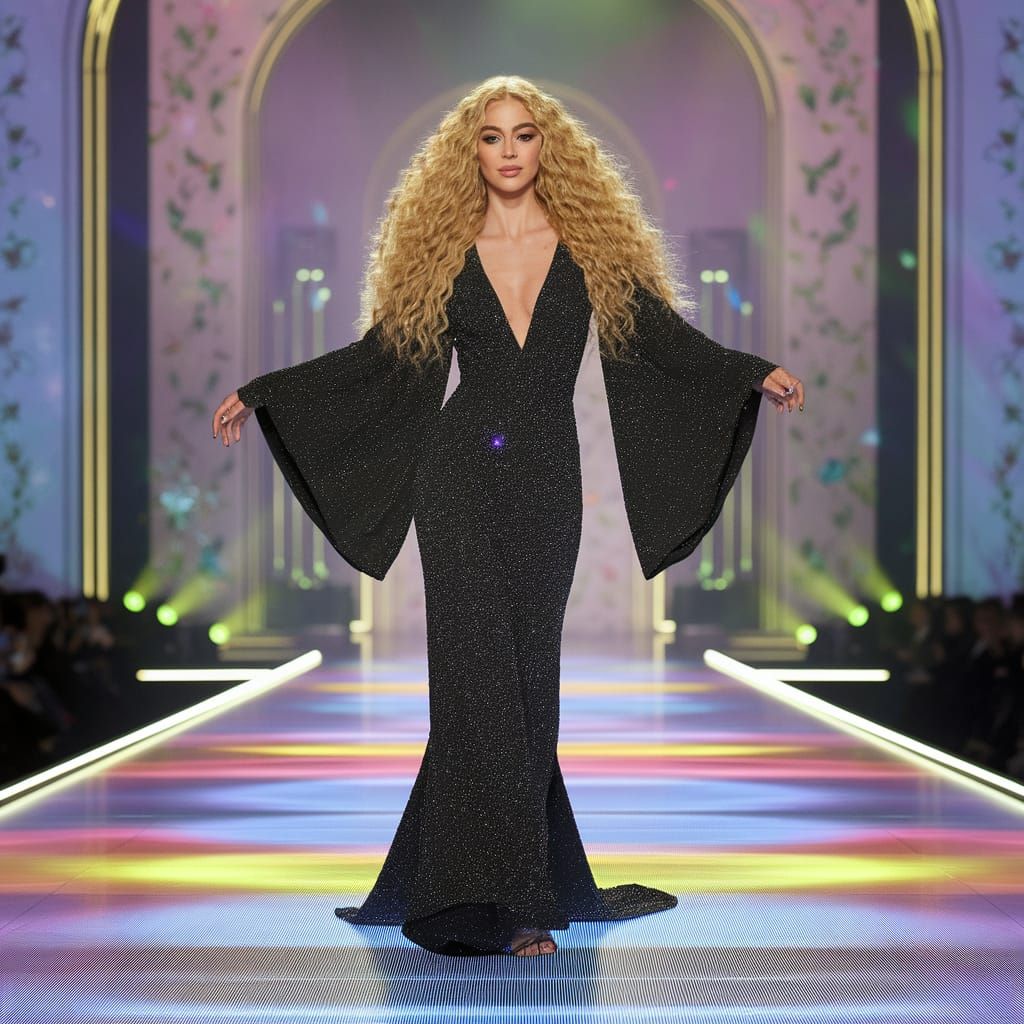 Elegant Blonde Goddess on a Glowing Runway in High-Fashion S...