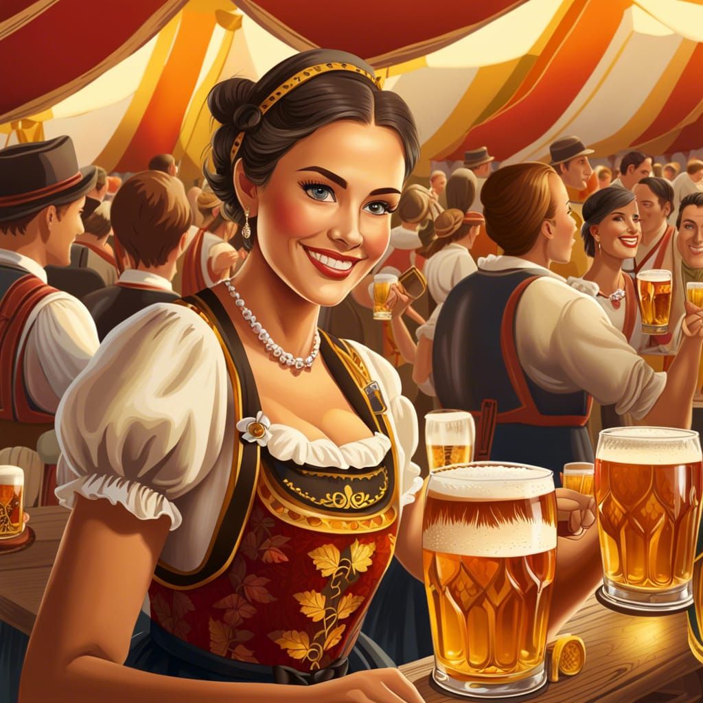 Oktoberfest Waitress Serving Beer, Gouache Painting
