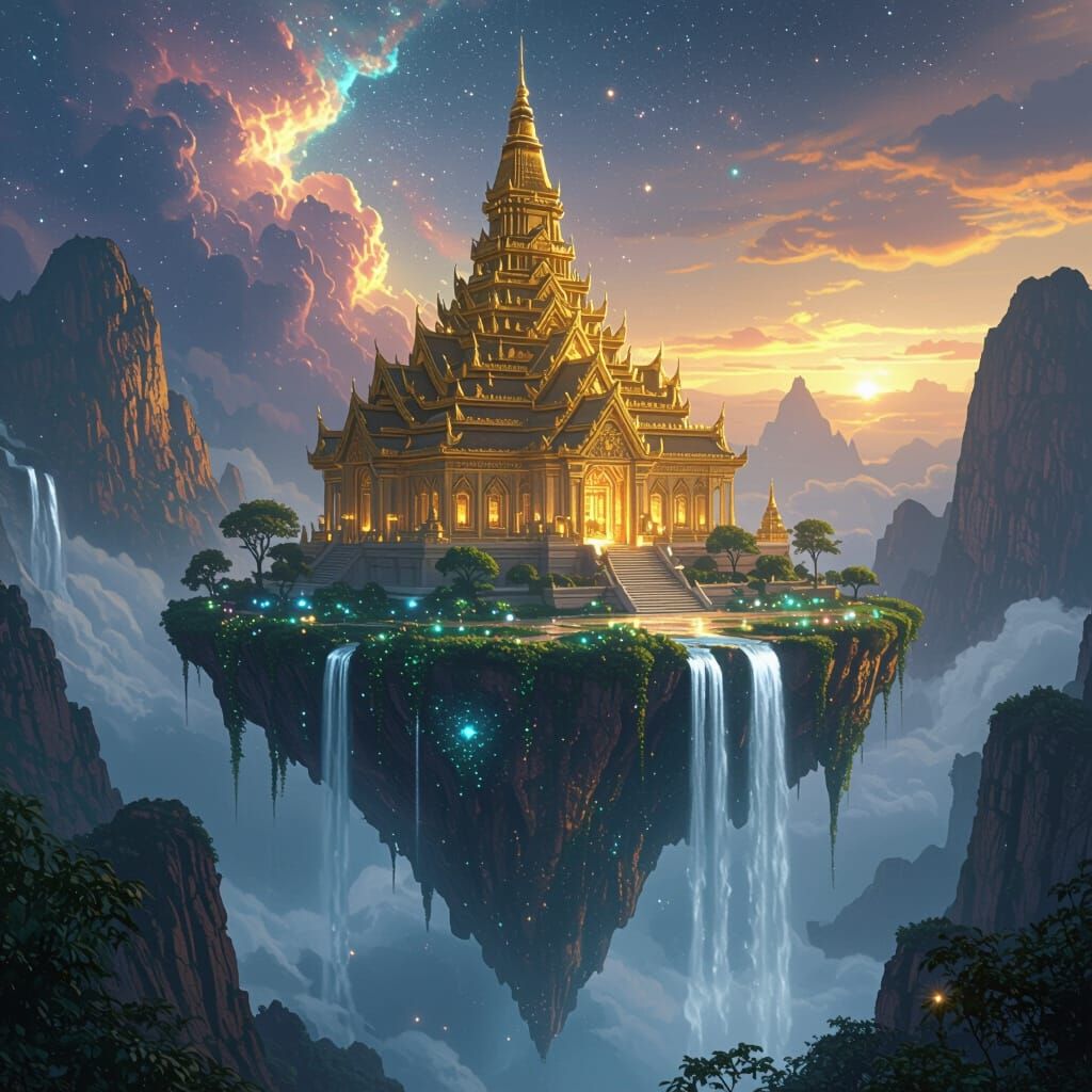 Floating Temple Island in Ethereal Nebula