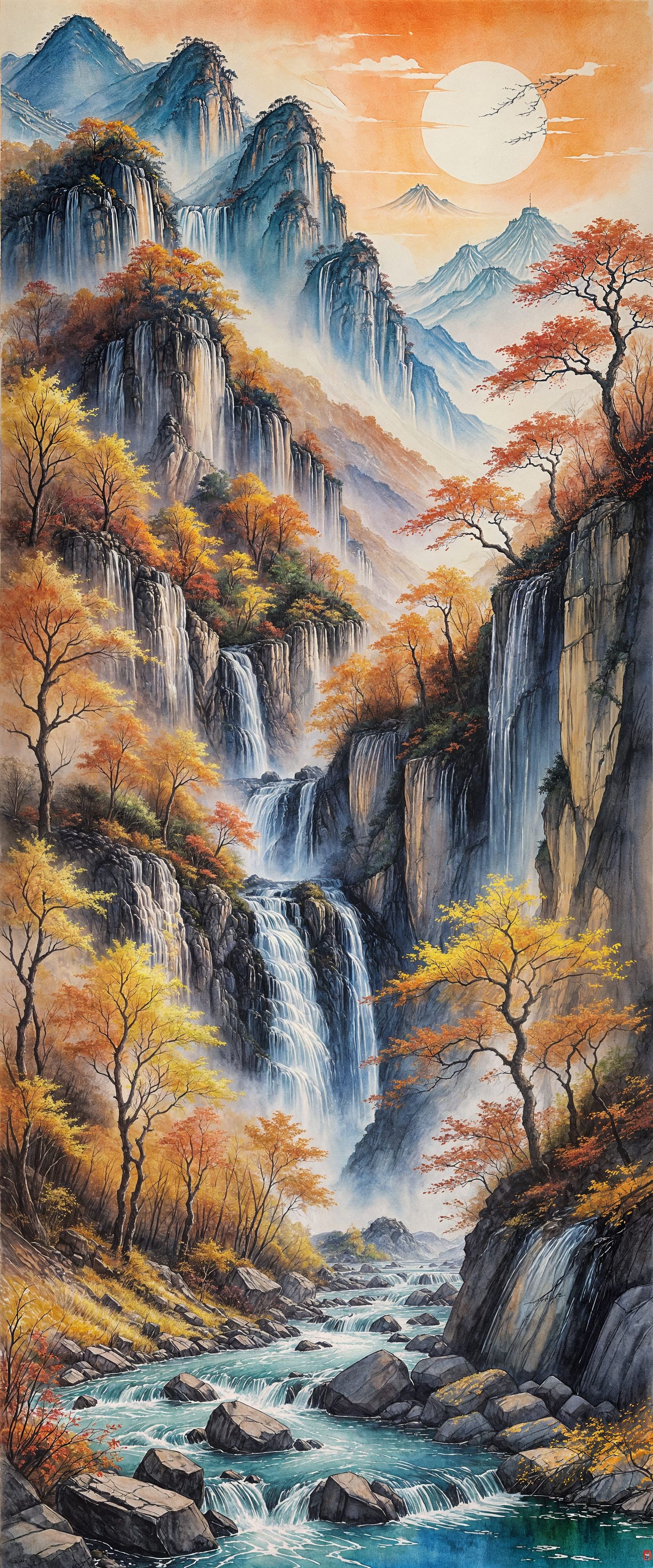 Autumn Waterfall - Traditional Chinese Watercolour