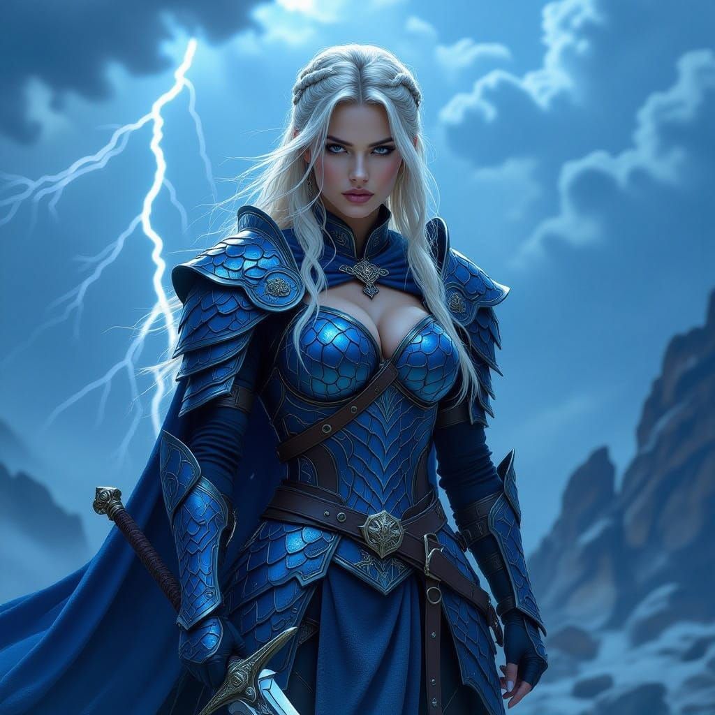 Blue Blonde Warrior in Indigo Dragon Armor