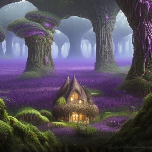 Lavender Mushroom Mansion in Dense Forest, Digital Art