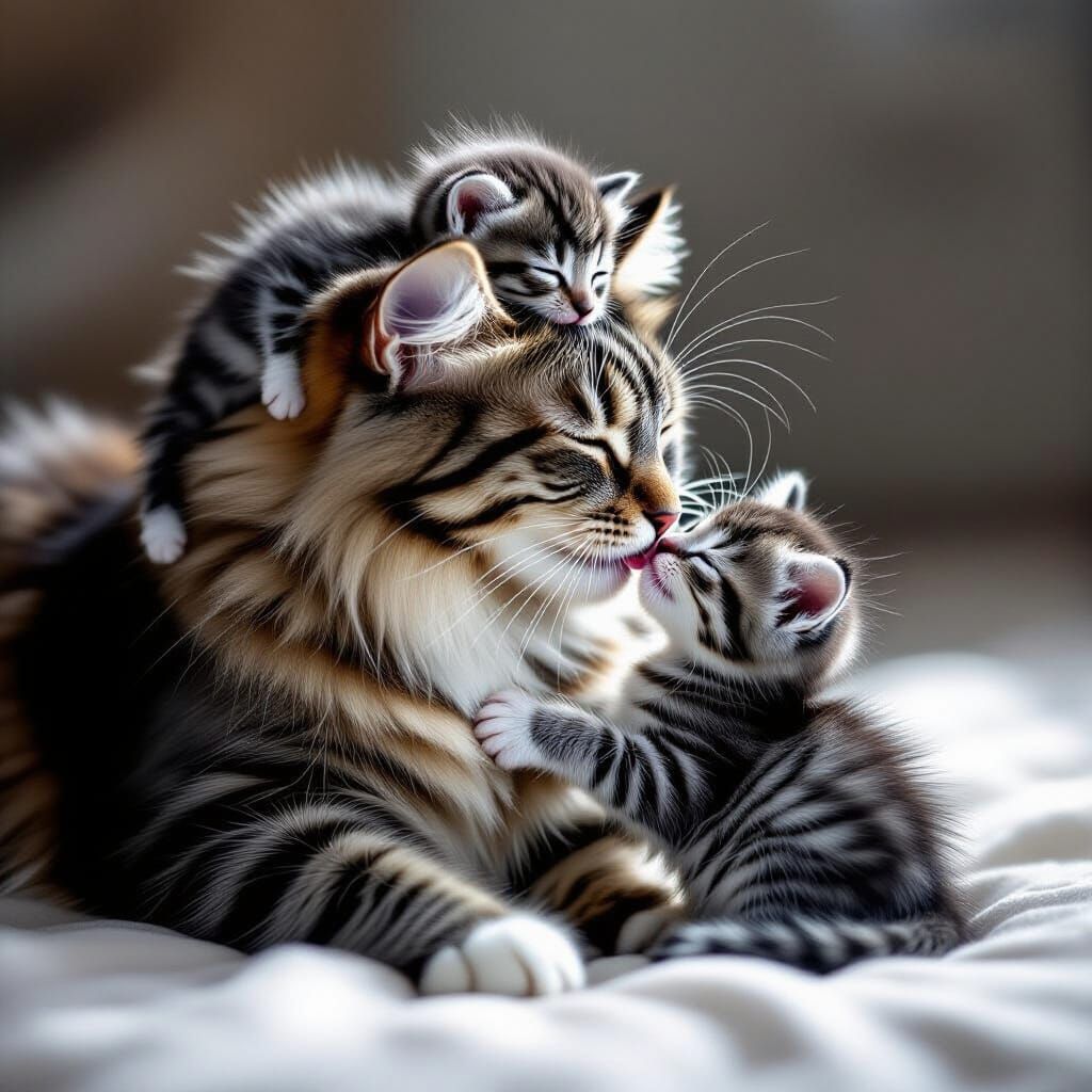 Mother Cat Grooming Kittens in Soft Light