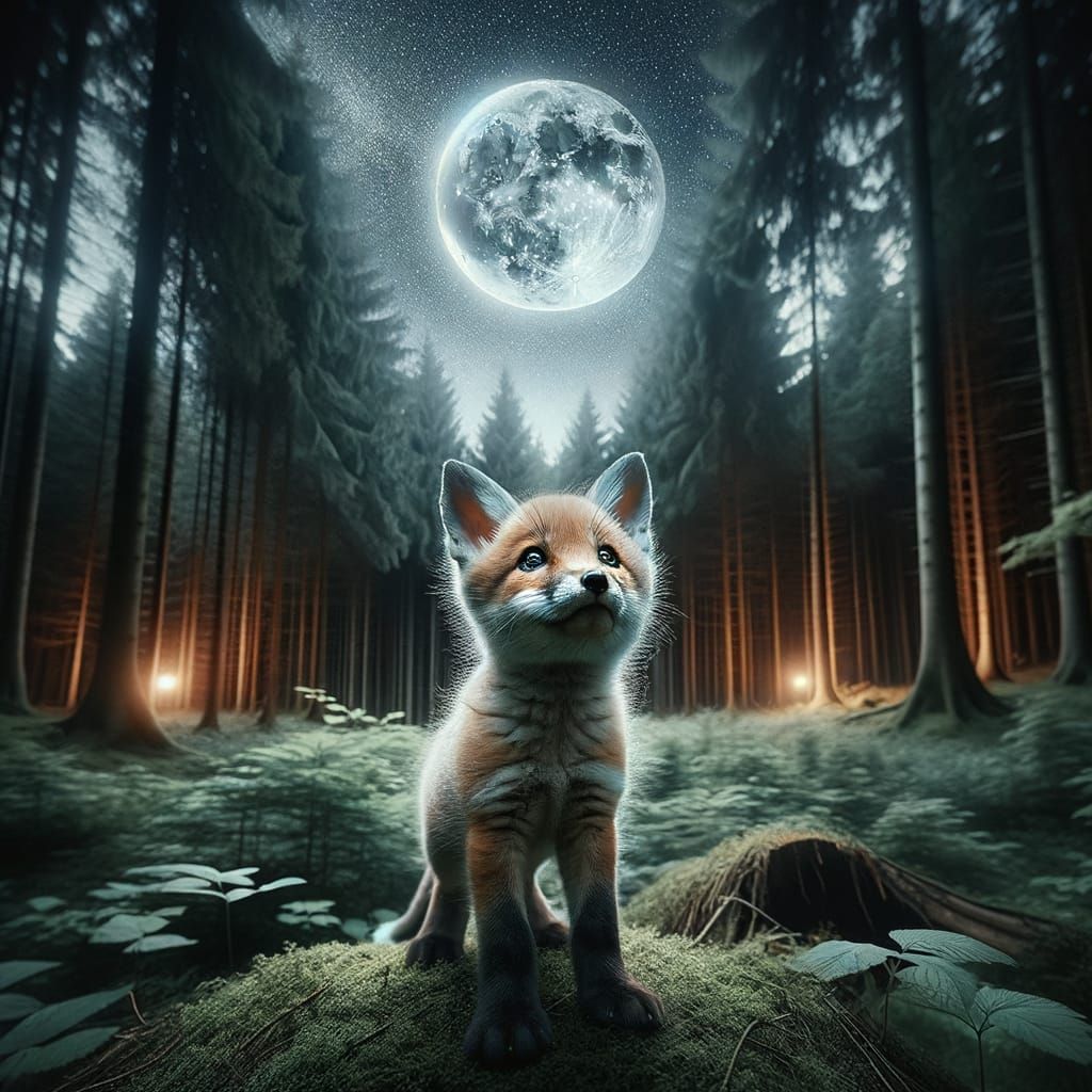 Fox Cub Gazes at Moonlit Forest Sky