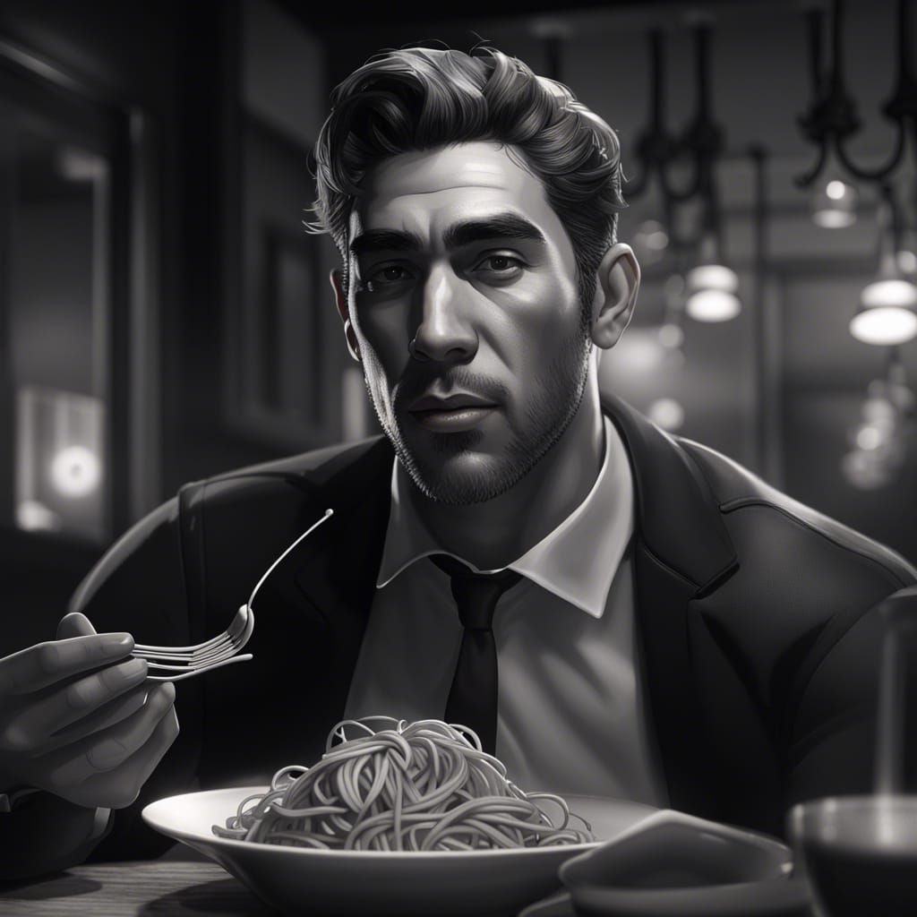 Classic Portrait of a Young Man Eating Spaghetti
