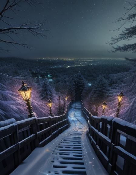 Winter Forest Path Overlooking City at Night