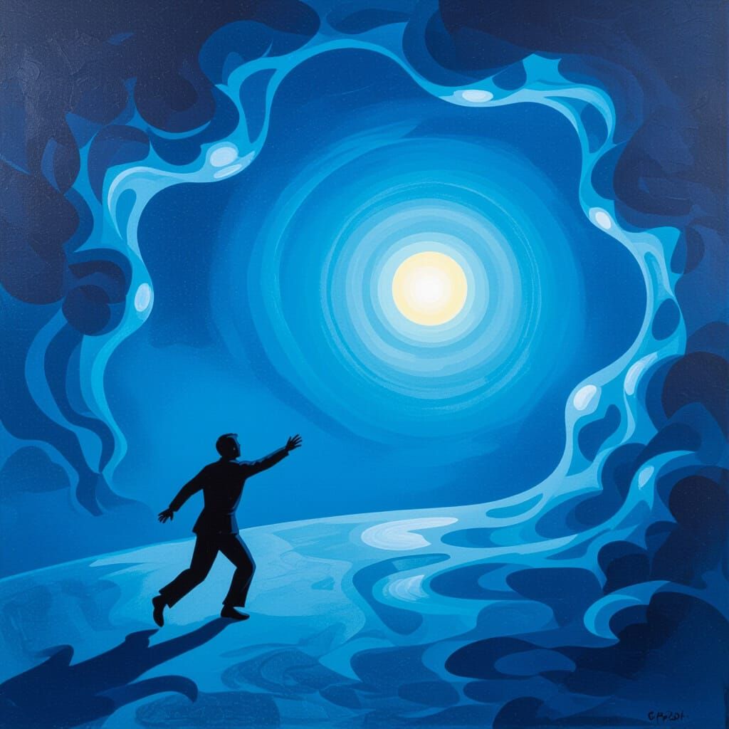 Surreal Figure Chasing Glowing Orb in Dreamscape