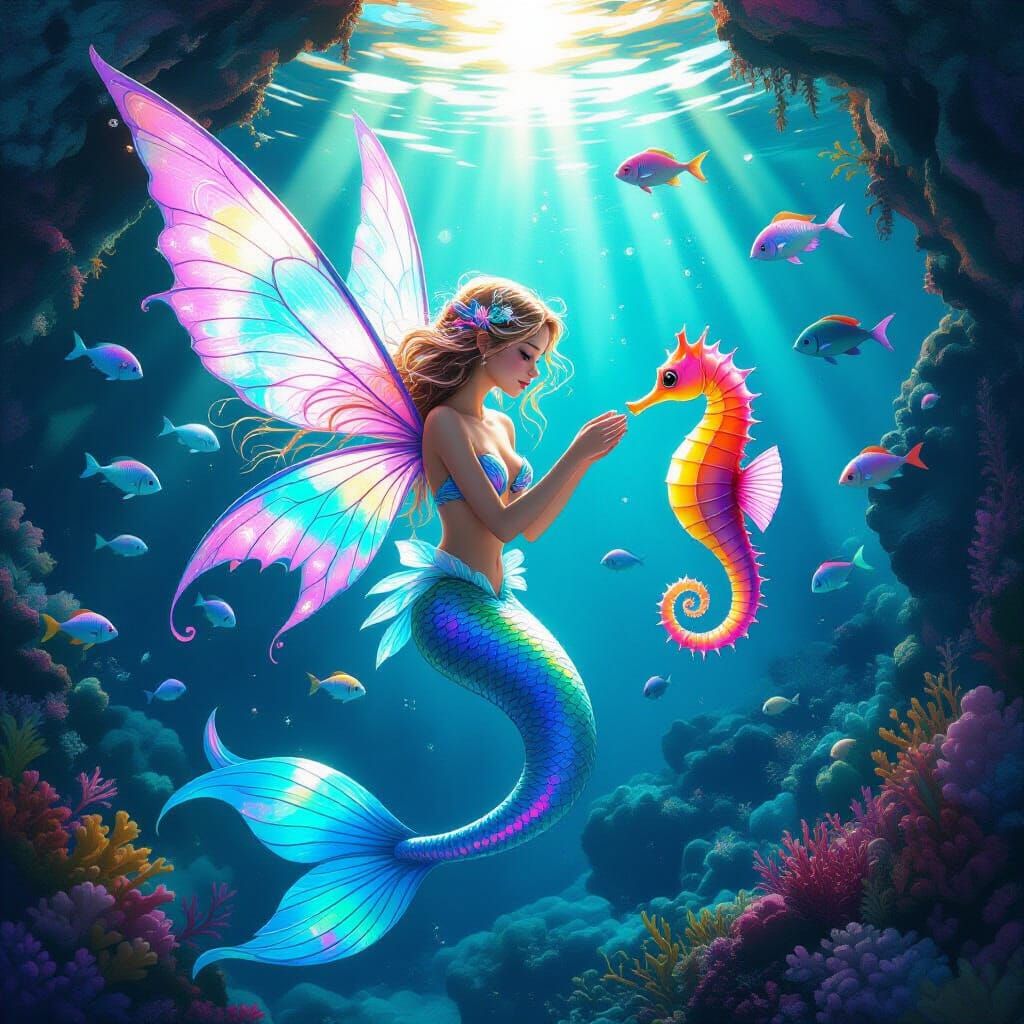 Fairy Mermaid Playing With Neon Seahorse, Hyperrealistic Sty...
