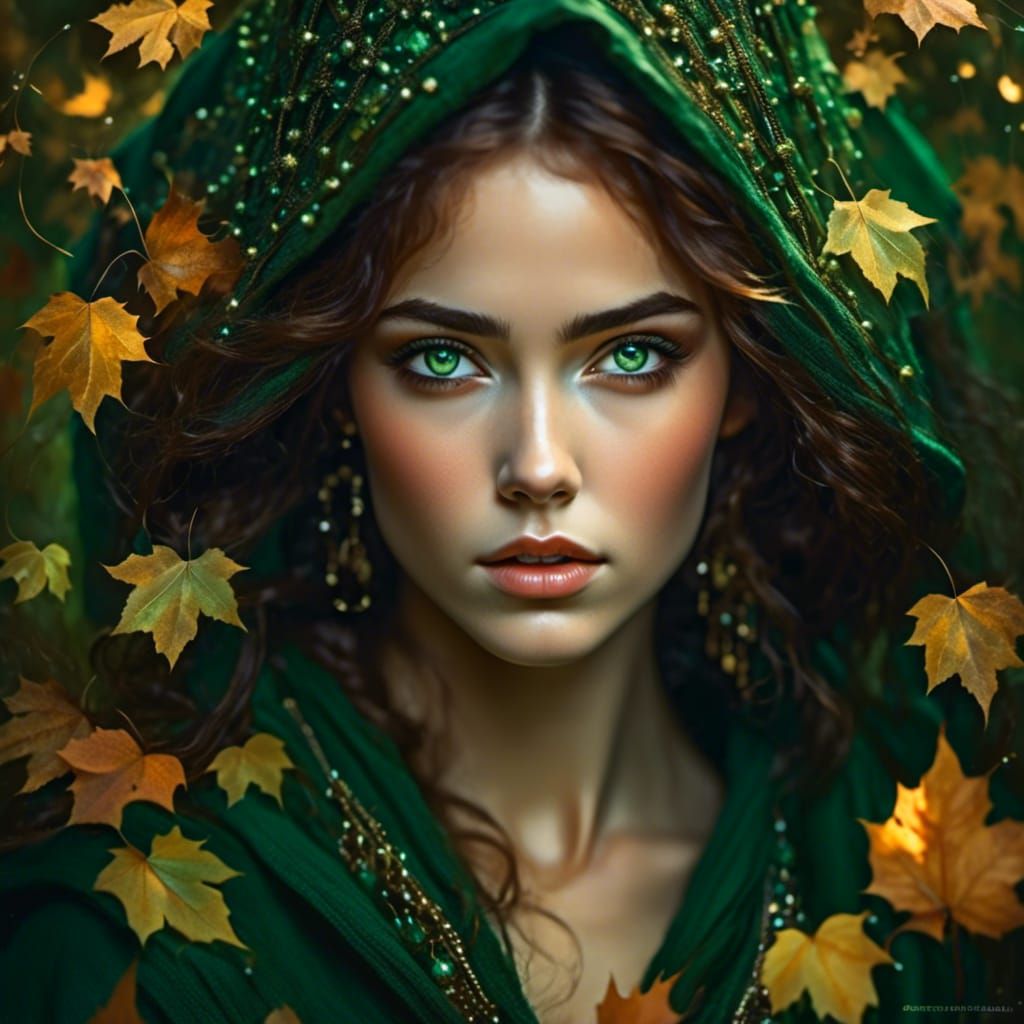 Woman's Portrait with Green Eyes in Autumn Hues