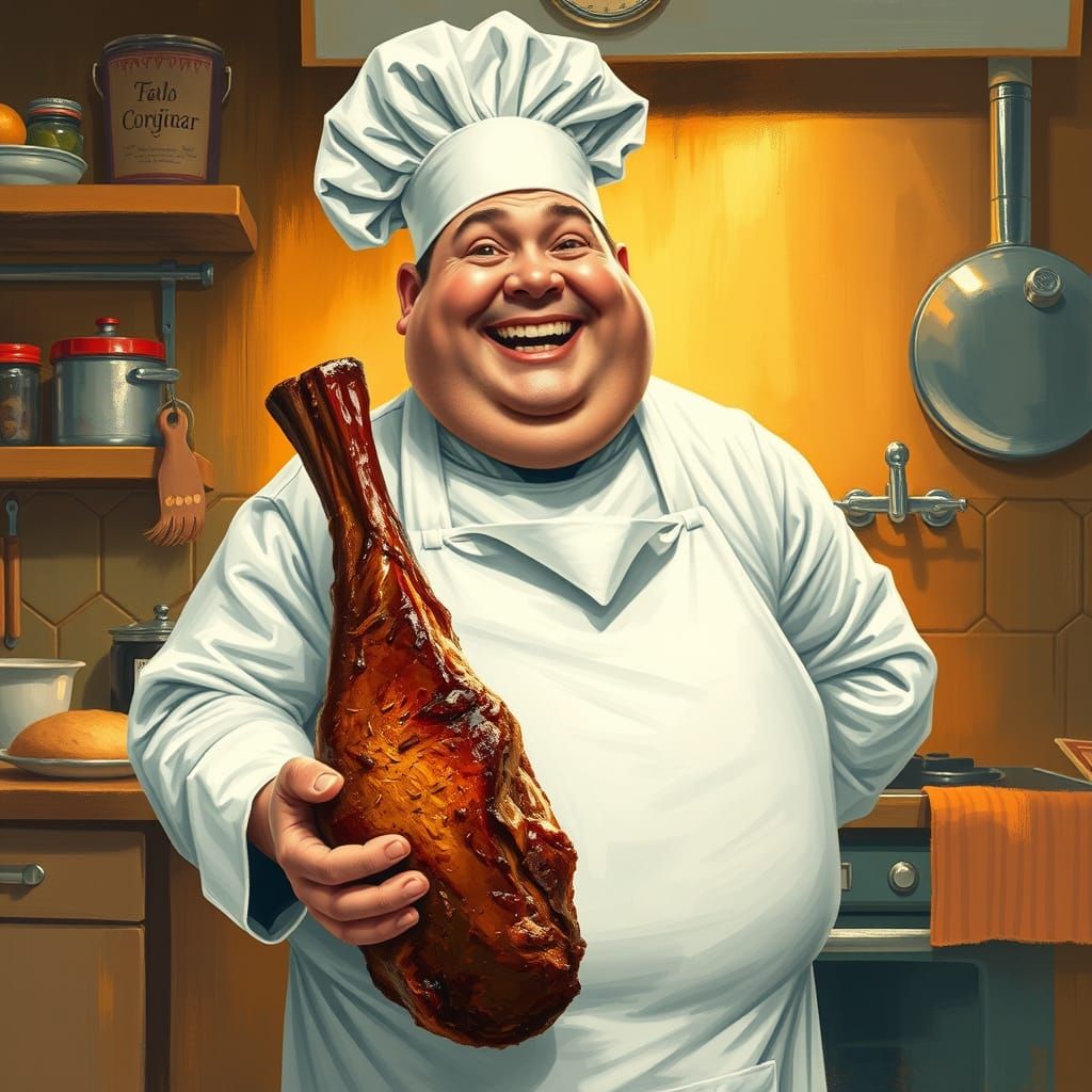 Jovial Chef with Roasted Meat, Digital Art