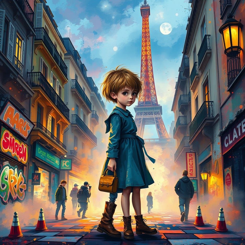 Ethereal Parisian Evening: Whimsical Street Urchins in a Fan...