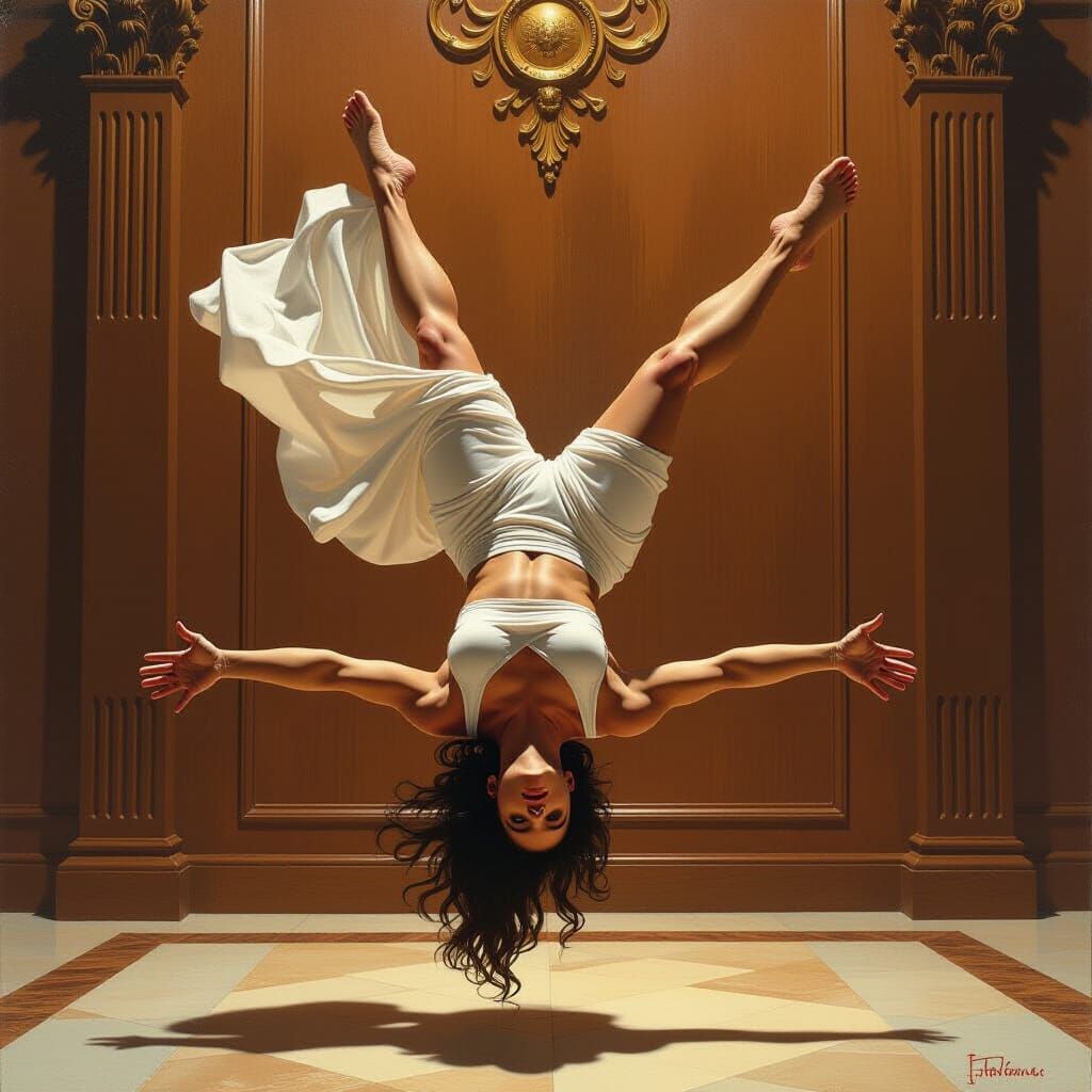 Toga Woman's Backflip: Fantasy Oil Painting