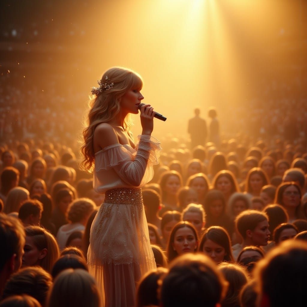 <lora:Flux Oil and Glory:1.0> Taylor Swift on stage intricate details, HDR, beautifully shot, hyperrealistic, sharp focu...