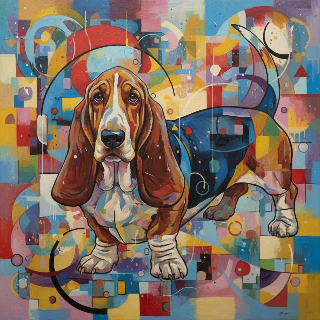 Abstract Basset Hound Painting with Swirling Colors