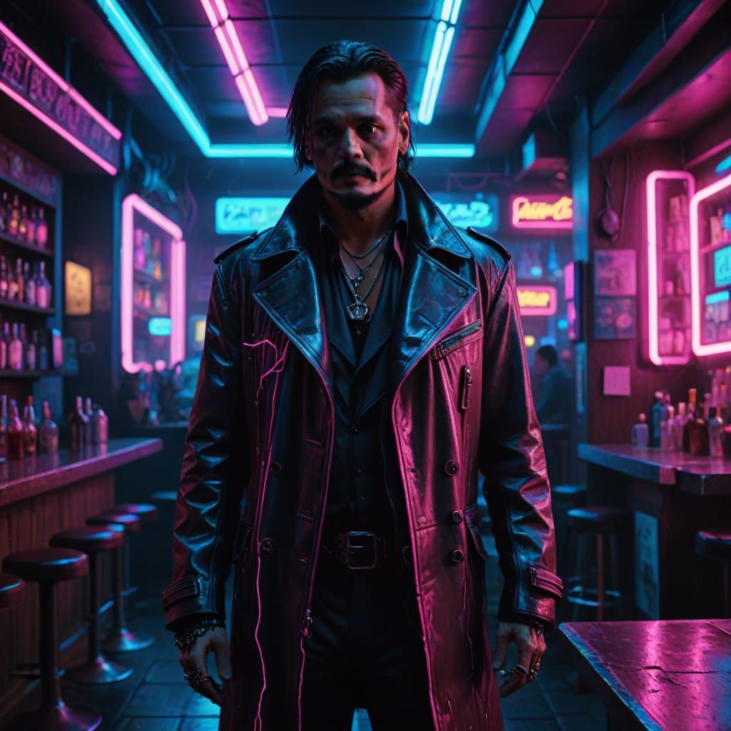 Cyberpunk Figure in Neon Noir Bar, 8K