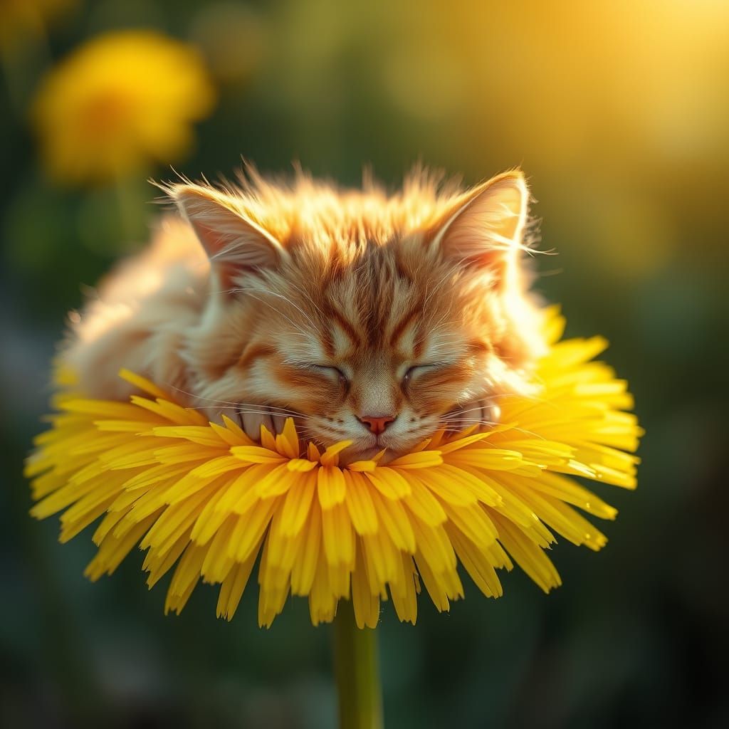 Golden Cat Basks in Sunny Dandelion Glow