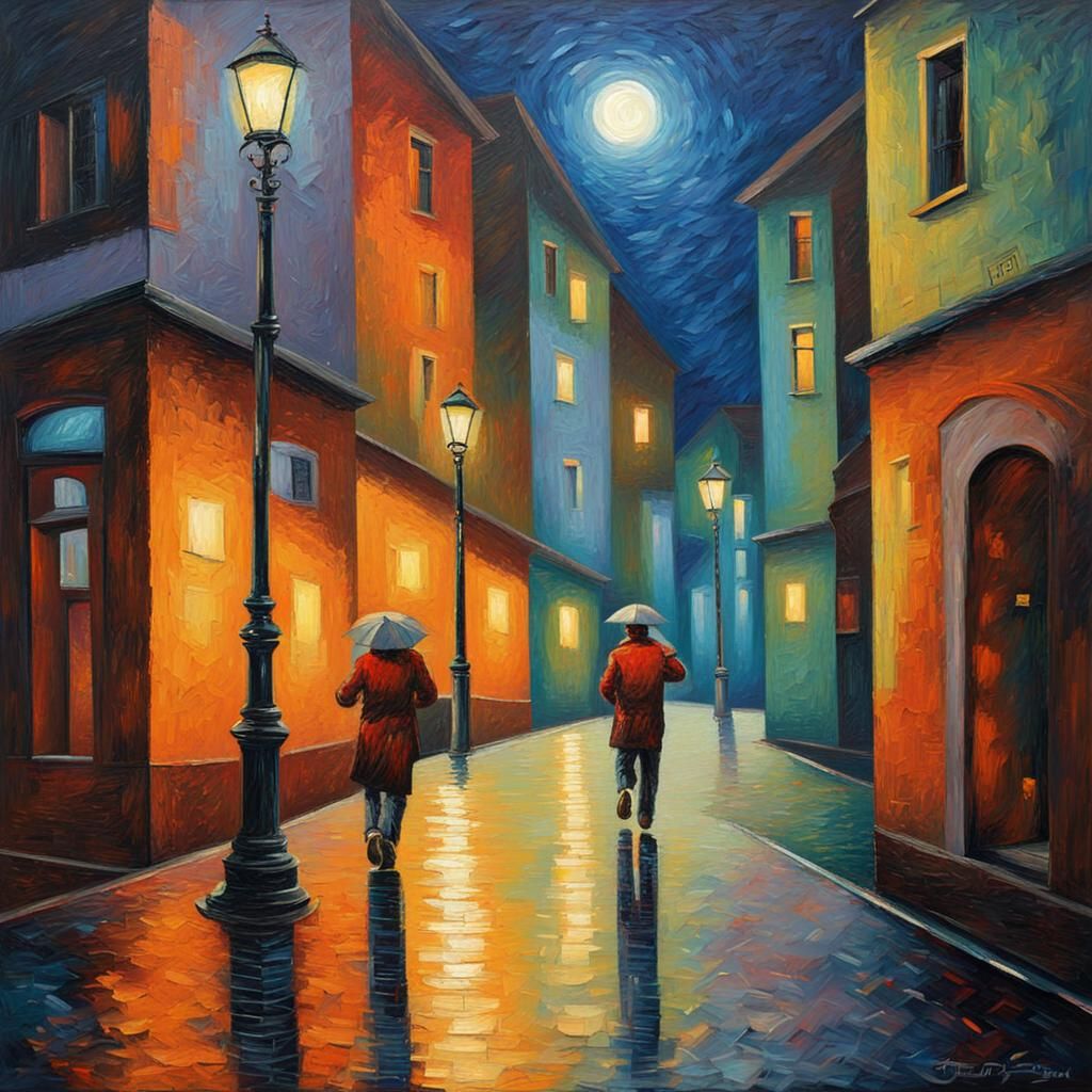 Lamplighter at Night: Neo-Impressionist Oil Painting