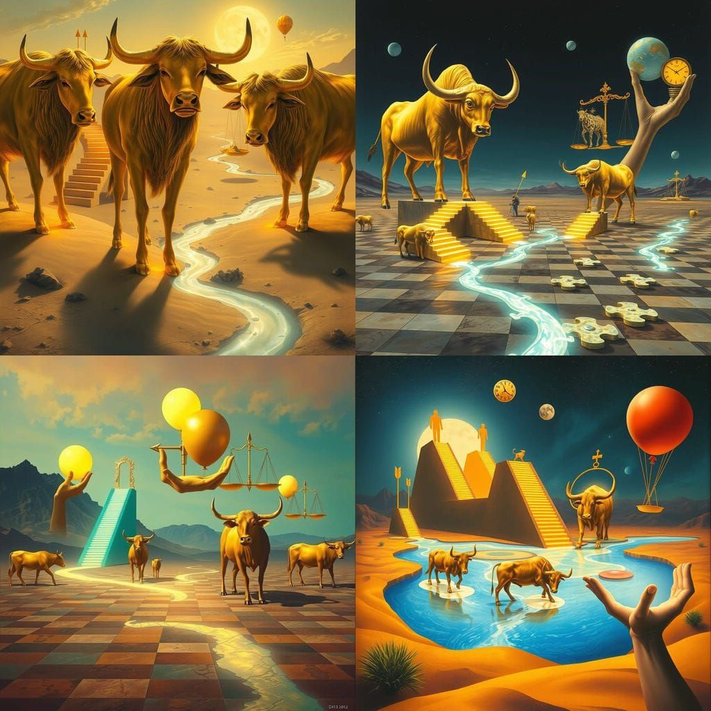 Surreal Desert Dreamscape with Golden Bulls