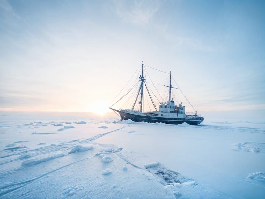 Bleak Arctic Sunrise: Ship Encased in Ice