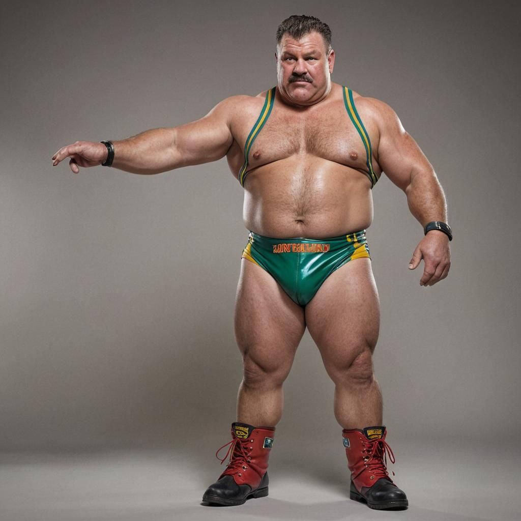 Confident Wrestler in Colorful Polyurethane Trunks