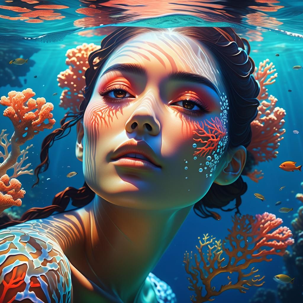Surreal Underwater Girl with Coral Reefs