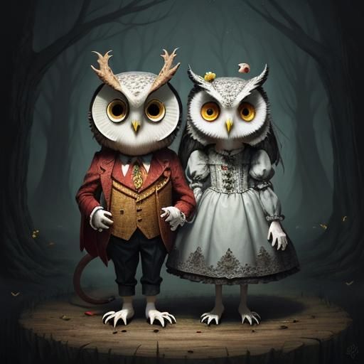 Surreal Owl Feast in a Whimsical Forest