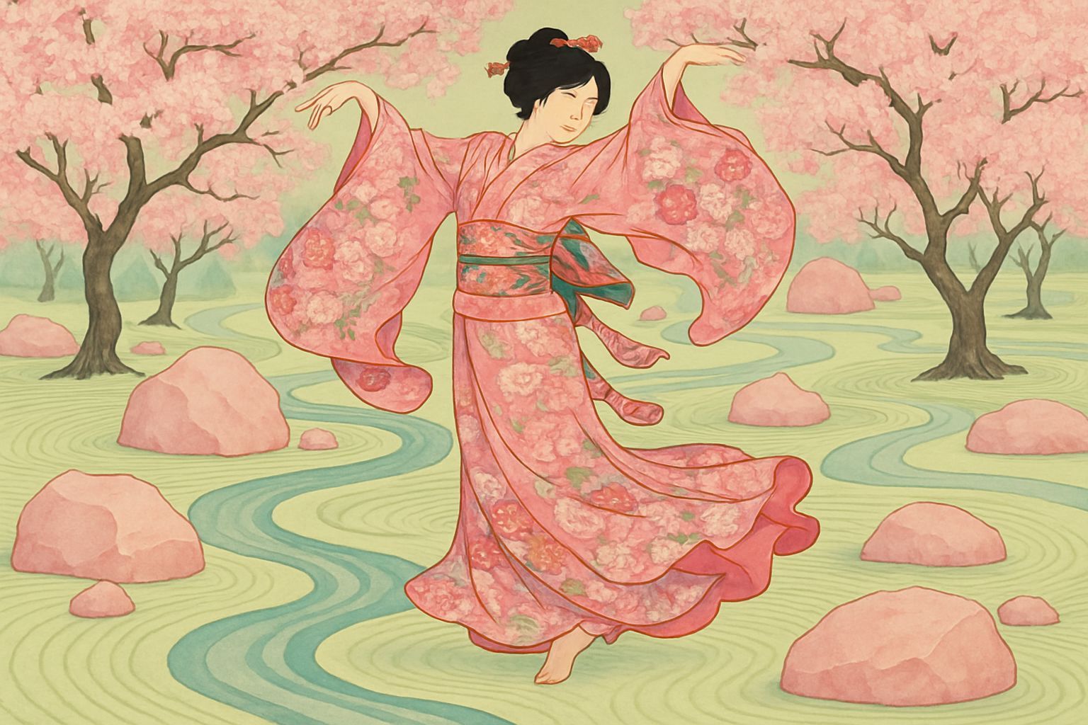 Pink Kimono Dancing in Zen Garden with Cherry Blossoms