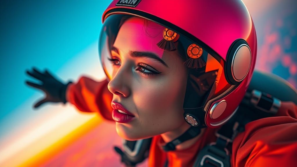 Close up of a skydiver free-falling to earth, the sunset is ...