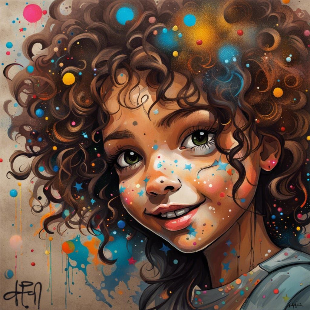 Colorful Tween Portrait with Star Freckles in Street Art Sty...
