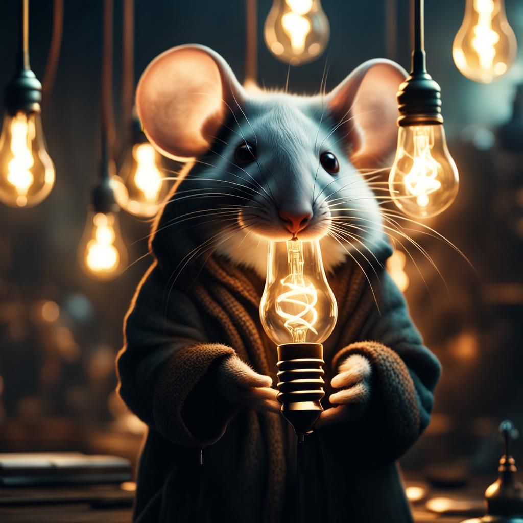 Mouse Holding Light Bulbs in Digital Painting