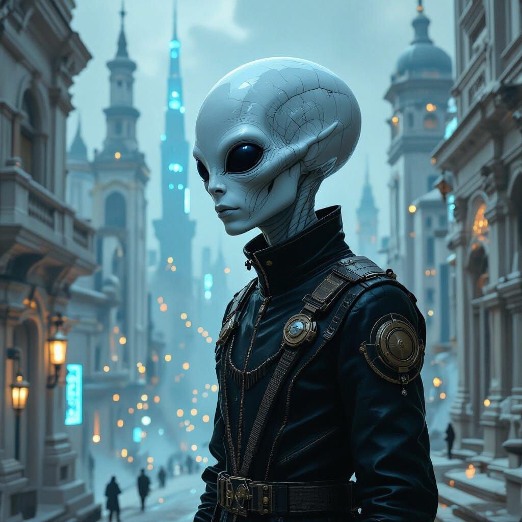 Dieselpunk Albino Alien in Surreal Metropolis