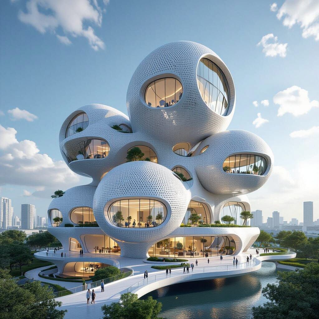 Futuristic Sphere Complex on Riverbank