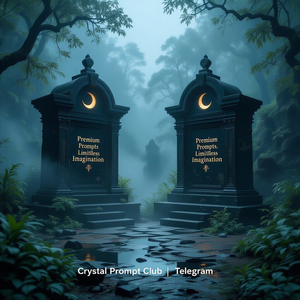 Mystical Stone Wells in Foggy Jungle, Ancient Engraving Styl...