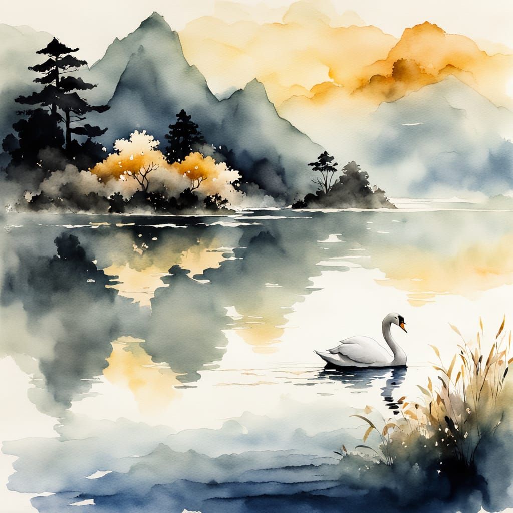 Japanese Sumi-e Masterpiece: Serene Swan in Golden Light