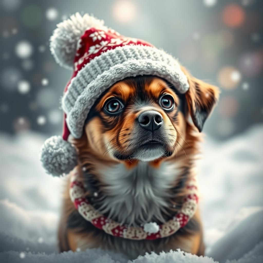 Dog in Christmas Beanie, Hyperrealistic Winter Scene