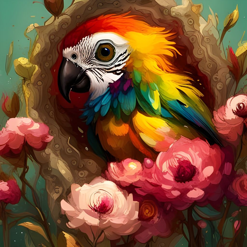 Chibi Parrot Covered in Flowers: Hyperrealistic Digital Art