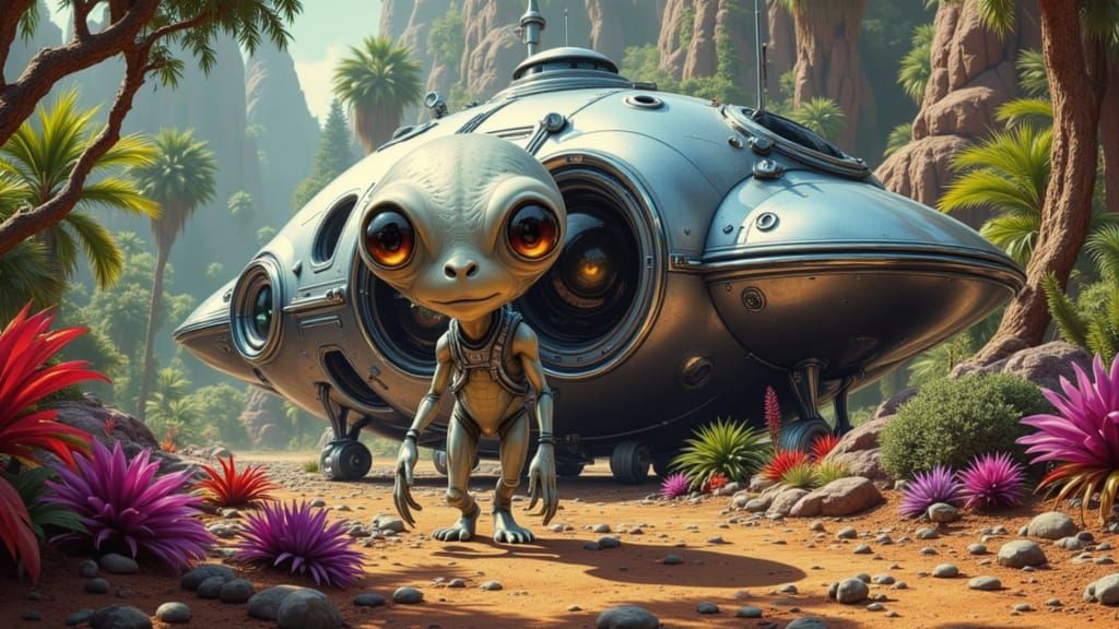 Alien Explorer Marvels at Vibrant Jungle Planet