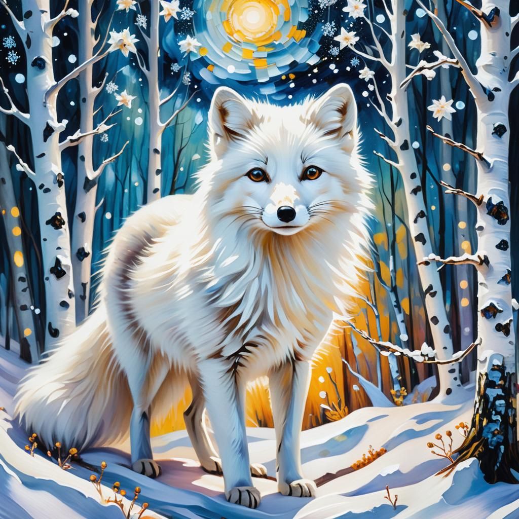 Arctic Fox Portrait in Impasto Winter Landscape