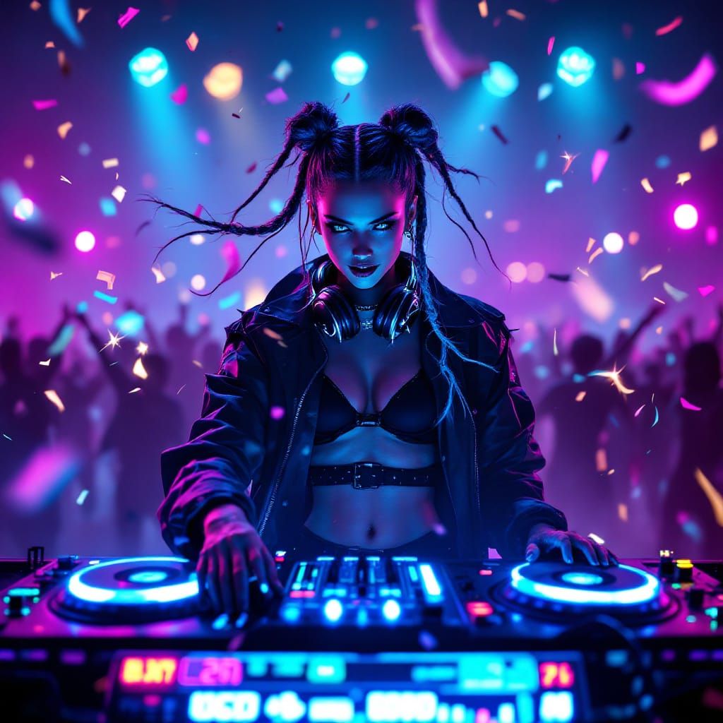Futuristic DJ with Neon Braids in Cyberpunk Nightclub