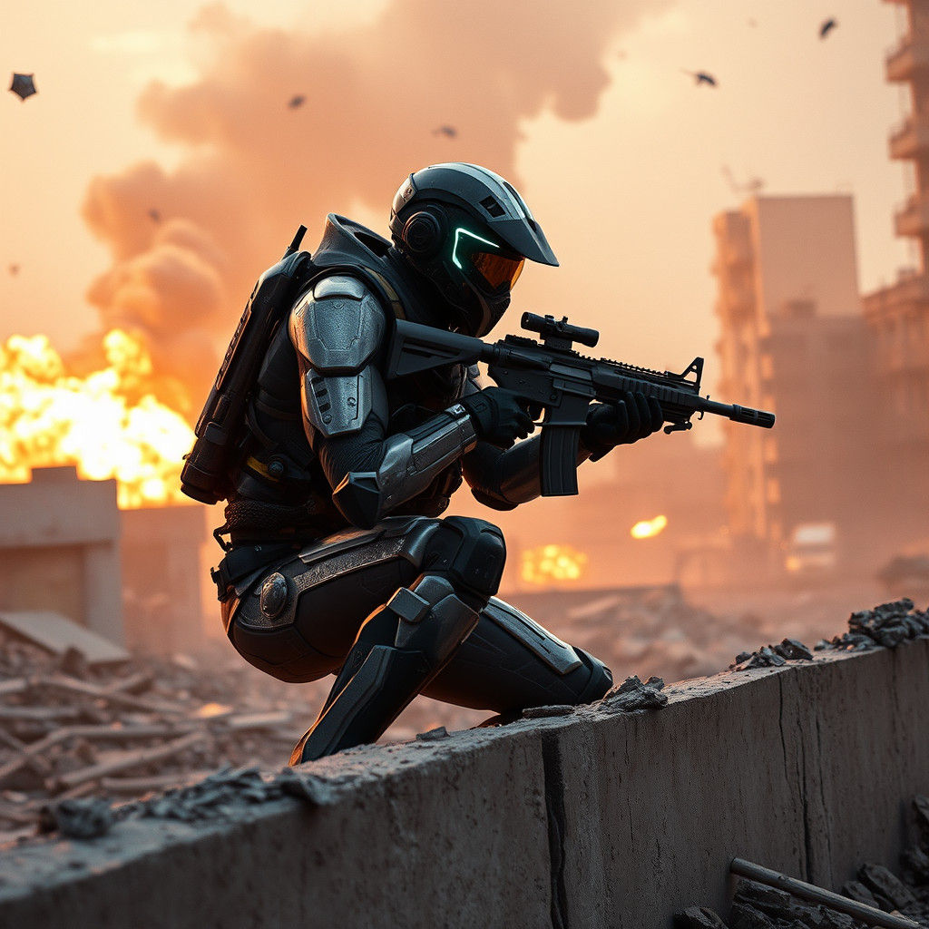 Futuristic Free Fire Warrior in Warzone Action