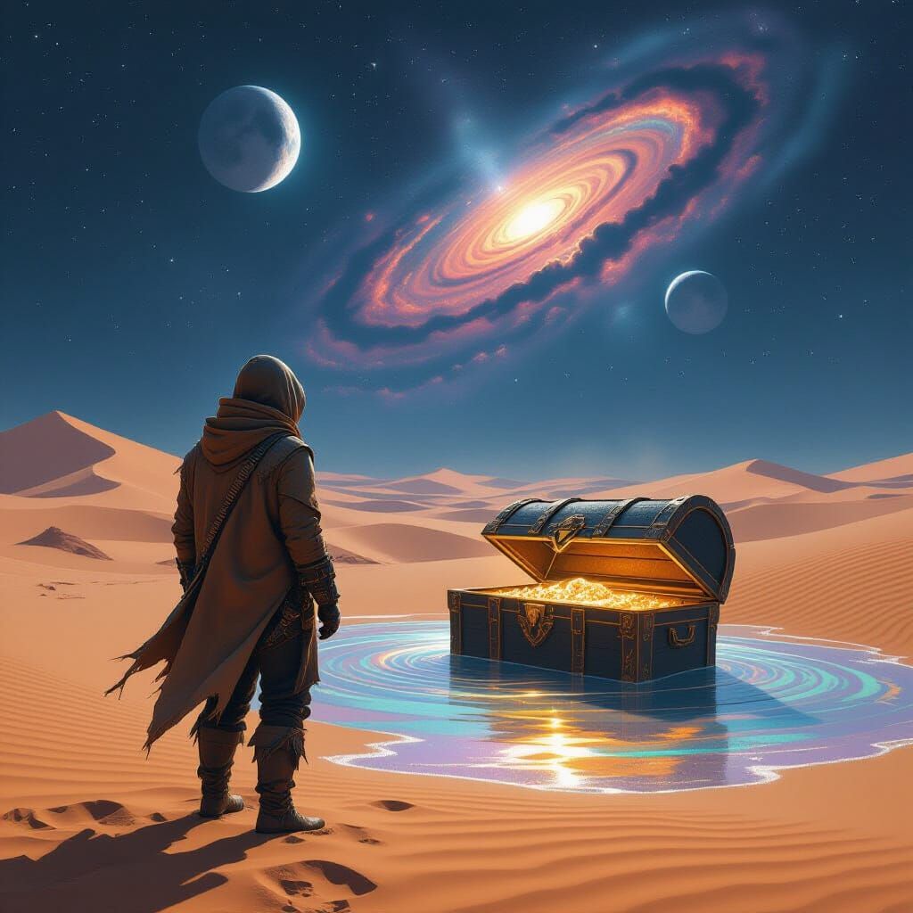 Explorer on Alien Planet Gazes at Ancient Treasure Chest