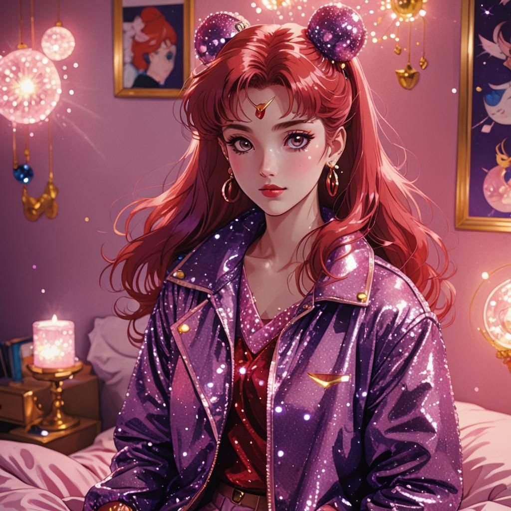 Red-Haired Girl in 80s Anime Style Bedroom